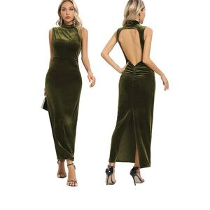 New Women Large Capuffy Women Backless Velvet Maxi Dress Back Slit Ruched
